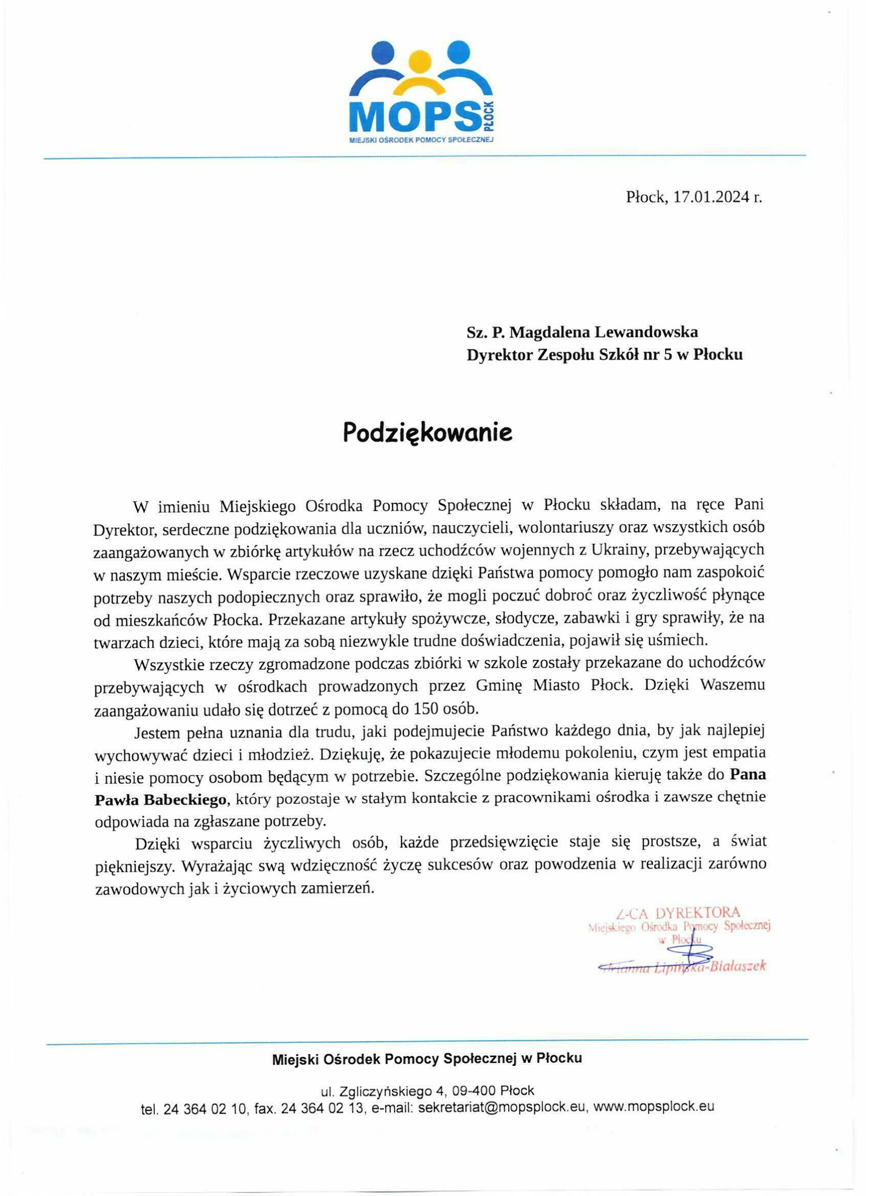 Podziękowanie MOPS Płock